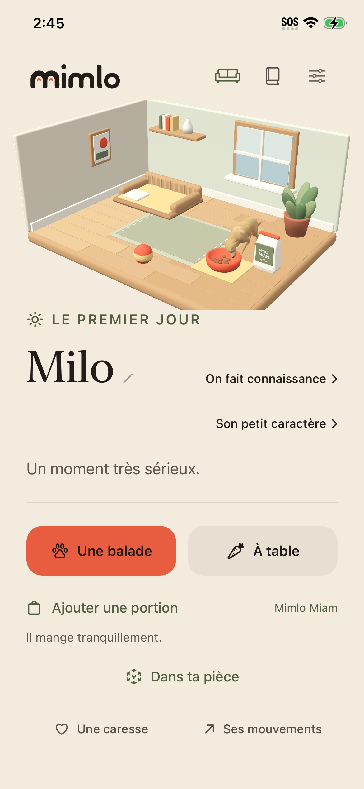 Mimlo sur iPhone : Milo mange dans sa gamelle, à côté du sac Mimlo Miam.